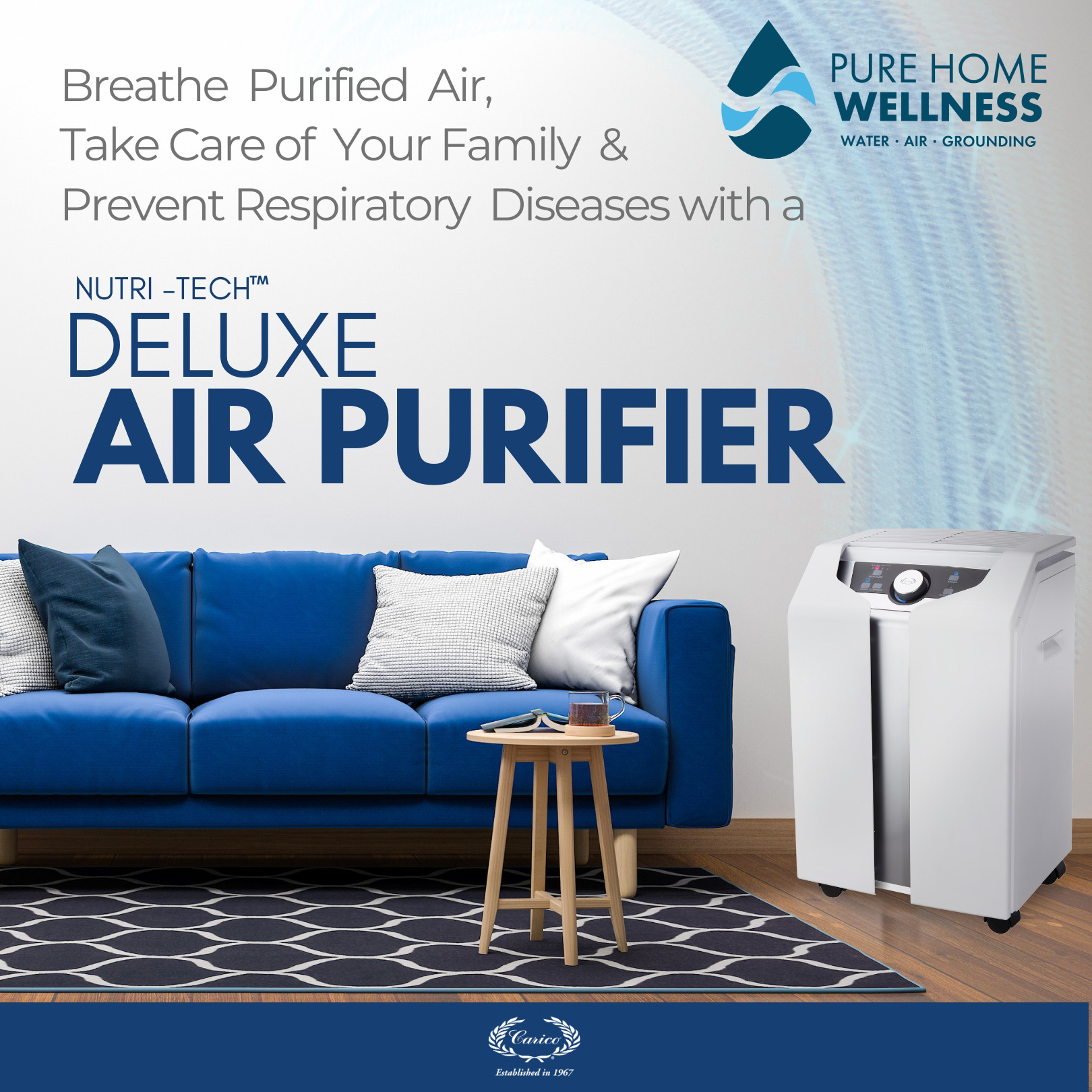 Carico air purifier running in a modern living room