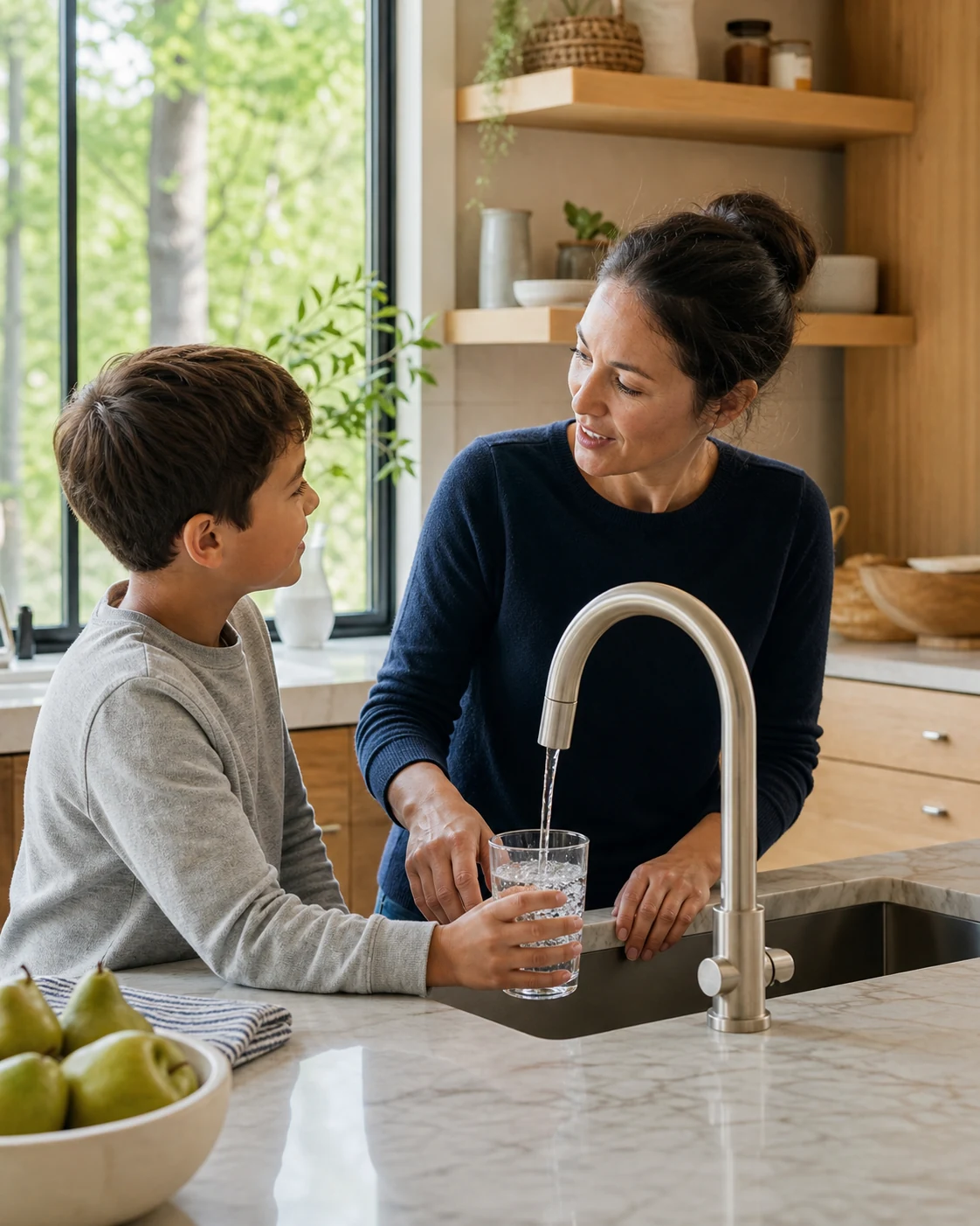Parent and child filling a glass of water together in a bright Minnesota kitchen
