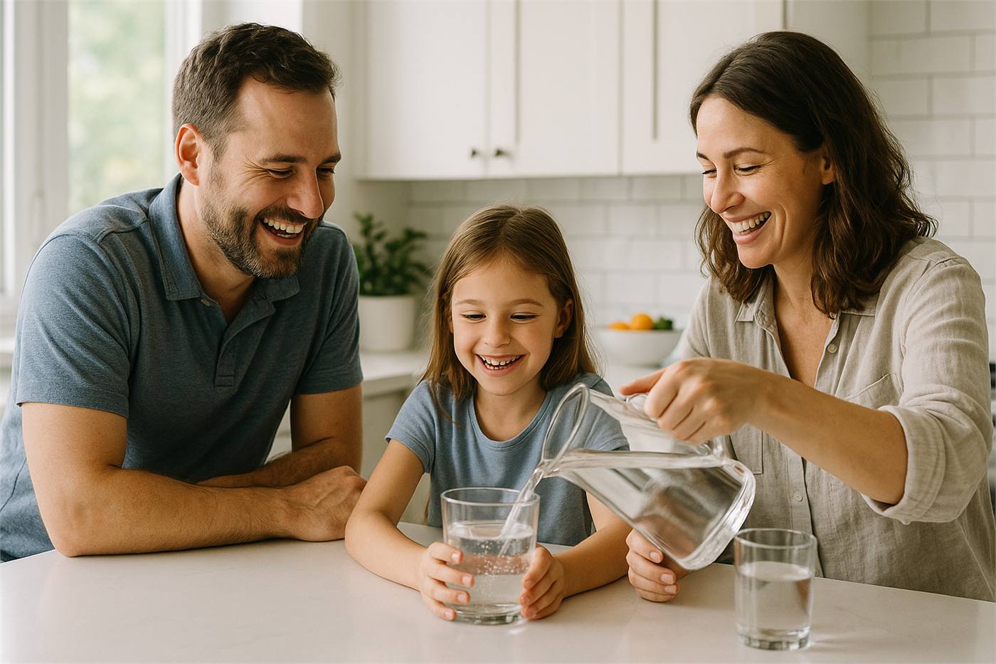 Family enjoying clean filtered water at home