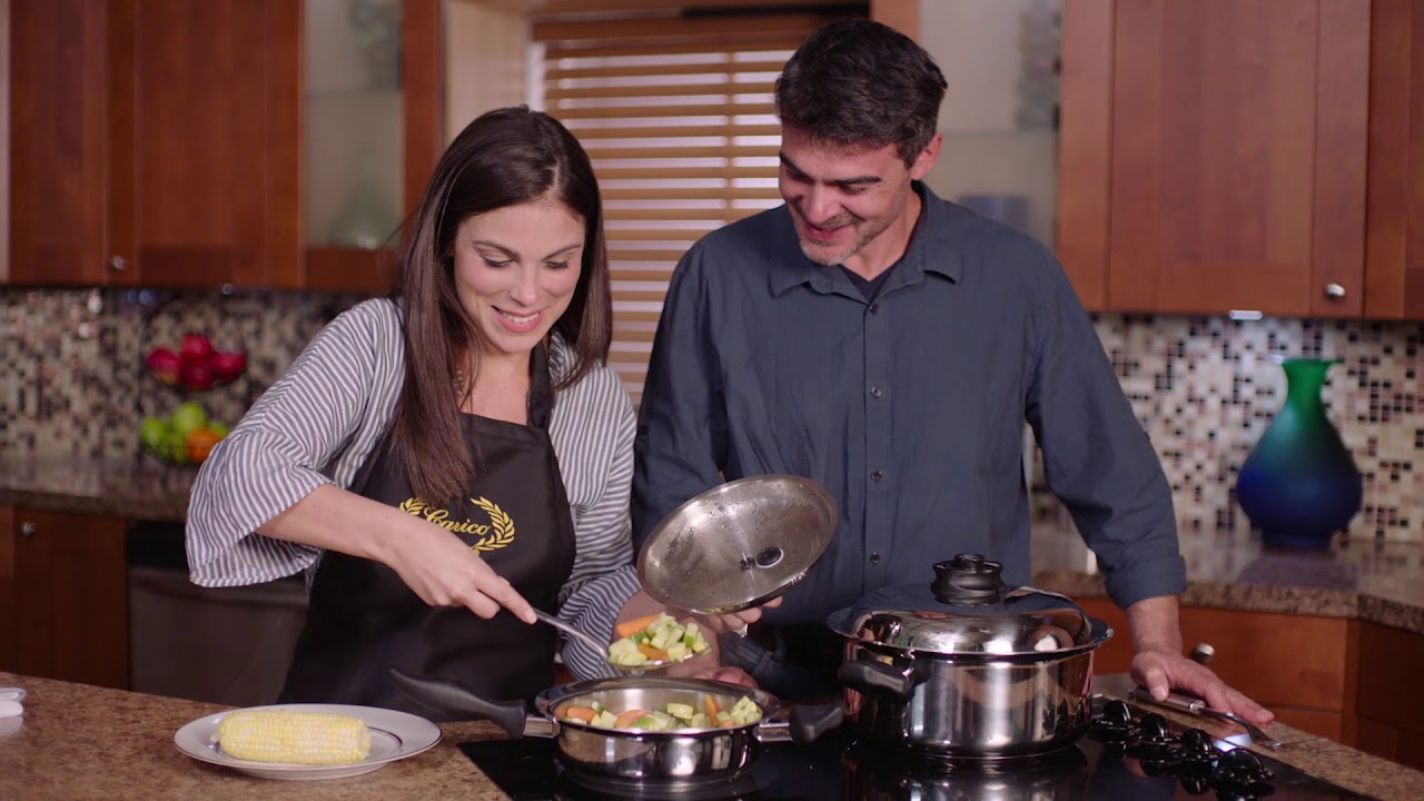 Healthy cooking demonstration with premium stainless cookware